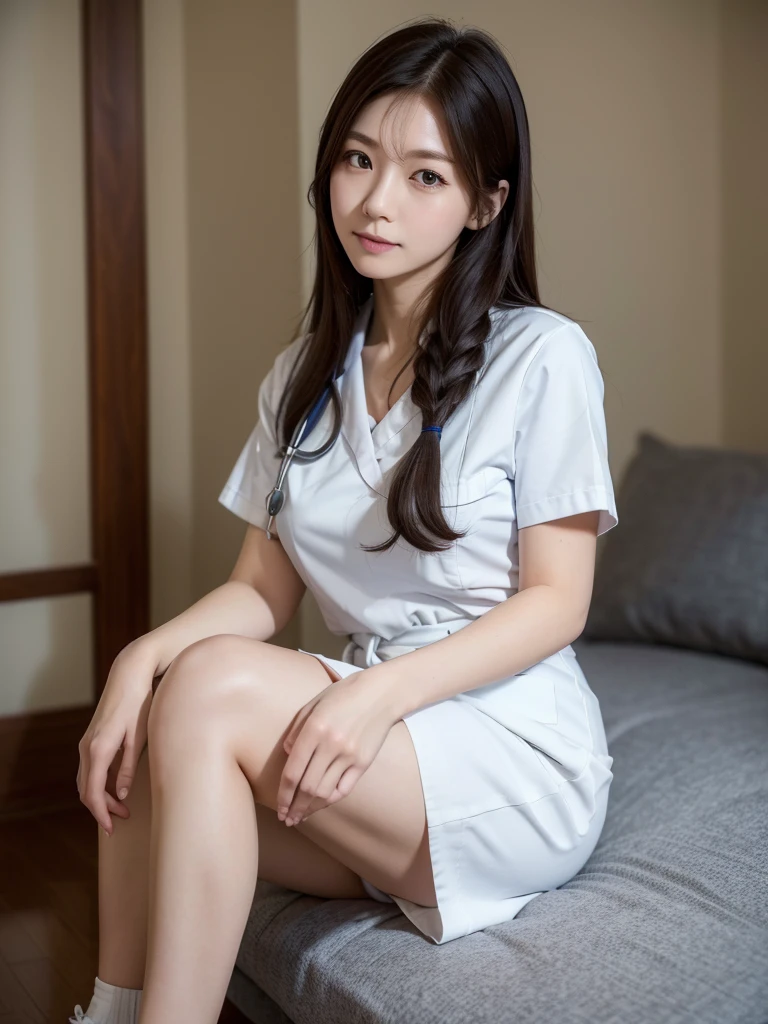 nurse、Nurse uniform、(Highest quality)、((Very detailed))、4K、(8K)、masterpiece、Very detailedな、Highest quality、Super Resolution、1 person、Kind Face、Soft Light、RAW quality、Soft Skin、163cm、hospital、Waist、knees