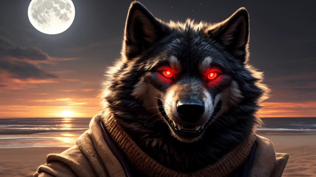 uploaded to e621, beautiful and detailed portrait of a male feral Wolf, kenket, ross tran,Ruan Jia, uploaded to e621, high resolution, photorealestic, cenematic lighting, (((wicked))), (((in the beach))), Wolf, ((fullbody)), Muzzle with sharp teeth, night at full moon, dark black fur, black face, ((red glowing eyes)) Evil smiling face, strand outfit, 独奏, 1boy, Selfie, green and black
