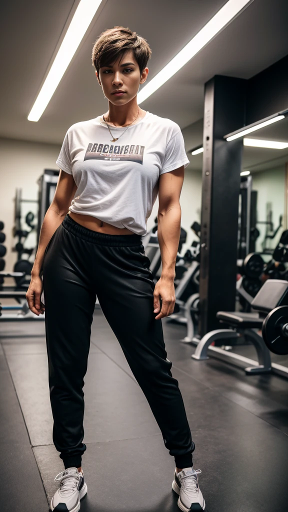 Best quality, best resolution, realistic photography, full body shot, full body portrait, tall background, wide background, 1 woman, toned physics, bodybuilder muscles, pixie cut hair, wear oversize t-shirt, pants, sneakers, dark clothes , wearing fake moustache, standing in a gym, weight equipments background, standing masculinely, rough expression, cool vibes, masculine face features, face to viewer, body facing to viewer, bright light, room light