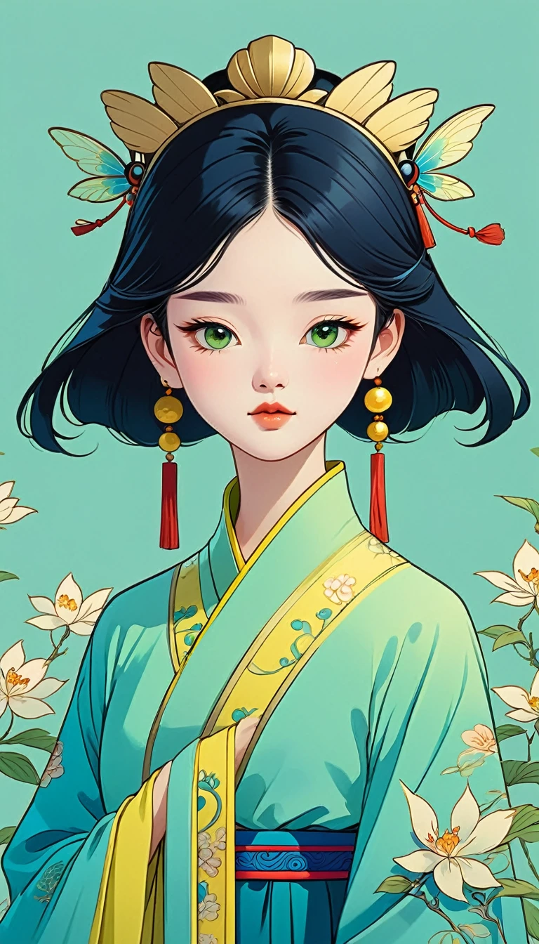 a gongbi painting of a chinese cartoon-like girl with black hair, Qing Dynasty style, exquisite headdress, cute face, close-up, in the style of cartoonish lithographs, extremely minimalism portrait, animated gif, rich details, crisp lines, fairy kei, dark blue and yellow and light cyan, matte light green background