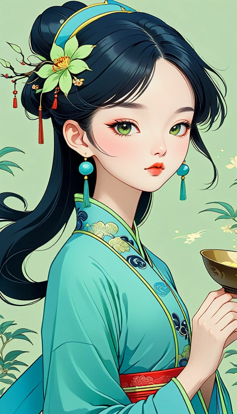 a gongbi painting of a chinese cartoon-like girl with black hair, Qing Dynasty style, exquisite headdress, cute face, close-up, in the style of cartoonish lithographs, extremely minimalism portrait, animated gif, rich details, crisp lines, fairy kei, dark blue and yellow and light cyan, matte light green background
