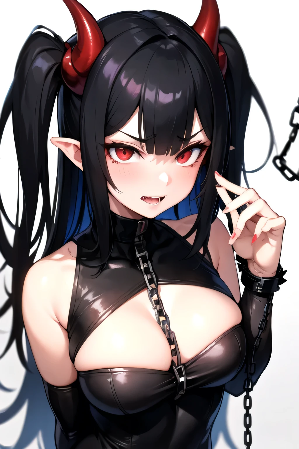 The girl with devil horns, long black hair and red eyes, showed a very naughty and evil facial expression carelessly holding a chain.