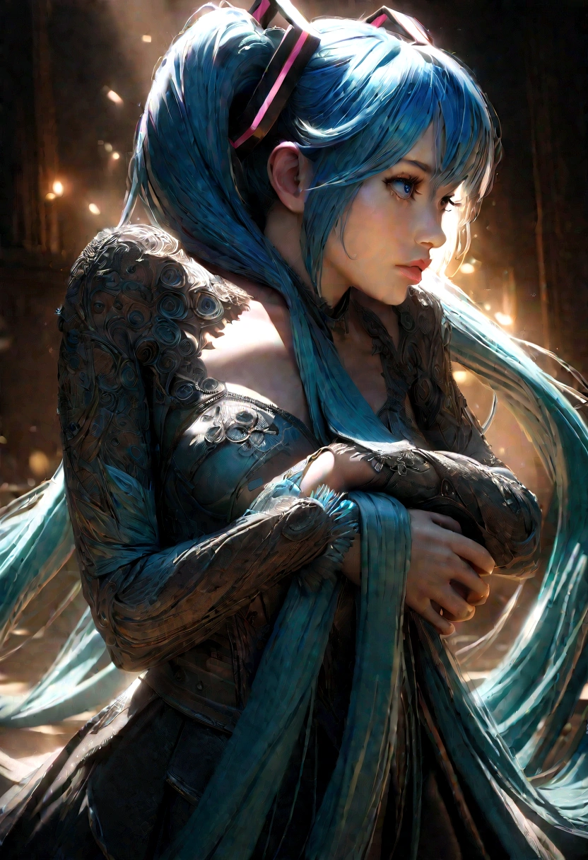 hatsune miku, hugging headless mannequin from behind, legs intertwined, extremely detailed face, detailed eyes, beautiful lips, long eyelashes, beautiful flowing blue hair, intricate detailed clothing, photorealistic, cinematic lighting, highly detailed, 8k, masterpiece, digital art, hyper detailed, vibrant colors, dramatic lighting, cinematic composition, intricate details