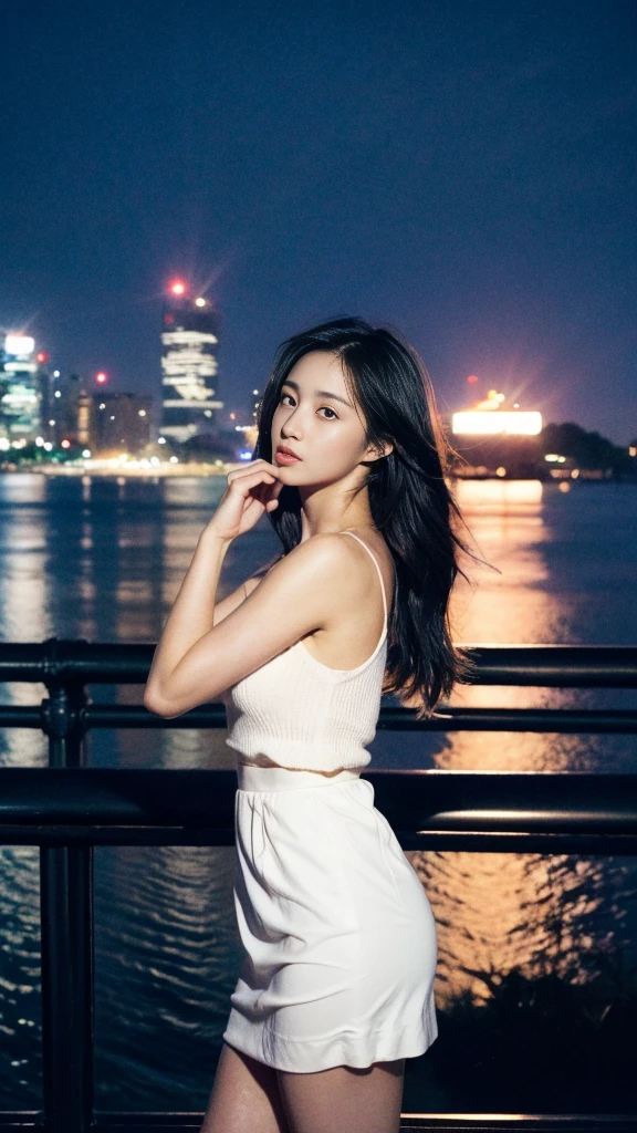 Draw a girl standing by the sea watching night scene,Serious warning to Japanese girls、頭上には 💬 吹き出しが浮いている。Manga style。Random pose, Mix 4,(8K, RAW Photos, Highest quality, masterpiece:1.2), (Realistically, Photo Real:1.37), One girl, Adorable, City view, night, rain, moisture, Professional Lighting, Photon Mapping, Radio City, Physically Based Rendering, Gradient black hair color, , White Hair, Long Hair, good looking, daughter, Short skirt,Sexy Legs, High-quality images, High resolution, 1080P, (Clear Face), (Detailed face description), (Detailed hand description), (masterpiece), (Exquisite CGI), Extreme light and shadow,Messy Hair,Masterpieces,Rich details,(Delicate facial features),(Highest qualityの画像),(masterpiece),(Fine grain),Look ahead with your eyes,Thin clavicle