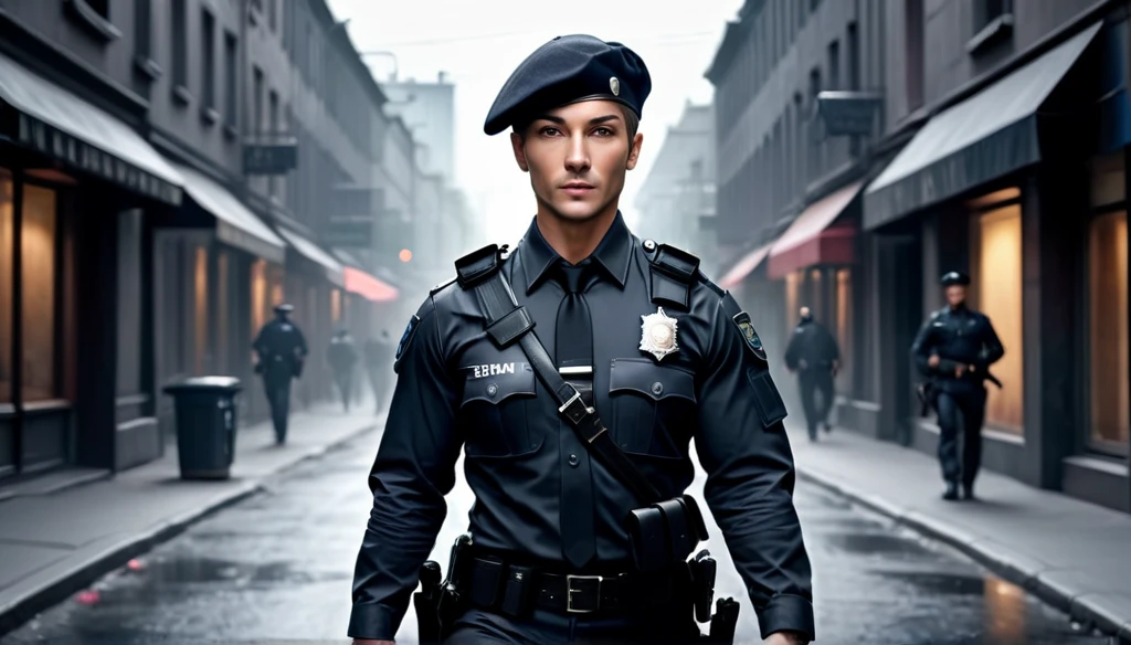 Create a dark gray police uniform, short hair with beret, bad and beautiful face, perfectbody, muscular arms,with gun in hand on the streets hunting thief,8K, Ultra realistic photo, cinematographic