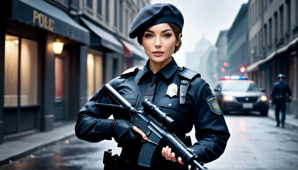 Create a dark gray police uniform, short hair with beret, bad and beautiful face, perfectbody, muscular arms,with gun in hand on the streets hunting thief,8K, Ultra realistic photo, cinematographic 