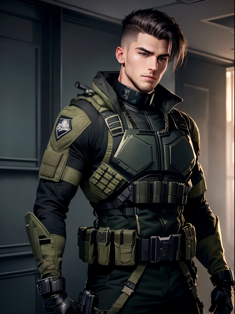 Mercenary, male focus, portrait of handsome 25-year old guy, wearing green camouflage combat suit and combat helmet, (black bulletproof vest: 1.3), black half-gloves, (grenade belt: 1.3), (holding grenade:1.1), stunning, tall, bright hair, fancy haircut, (epic pose) (8k resolution:1.2), full length