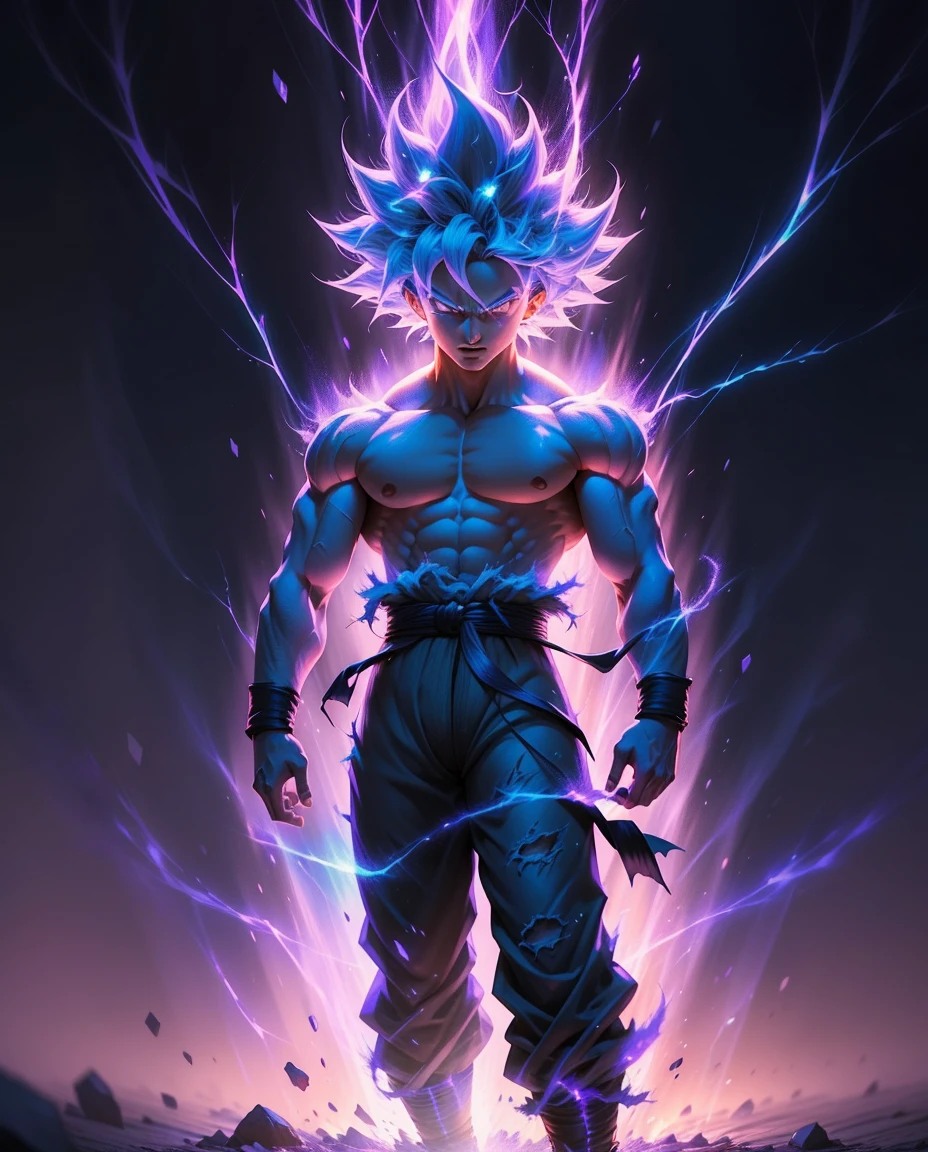 Son Goku transforming into Ultra Instinct surrounded by Violet Aura and lightning full-body shot, 4k, Cabelos prateados, Pupilas de prata, detalhes altos, epics, cinemactic
