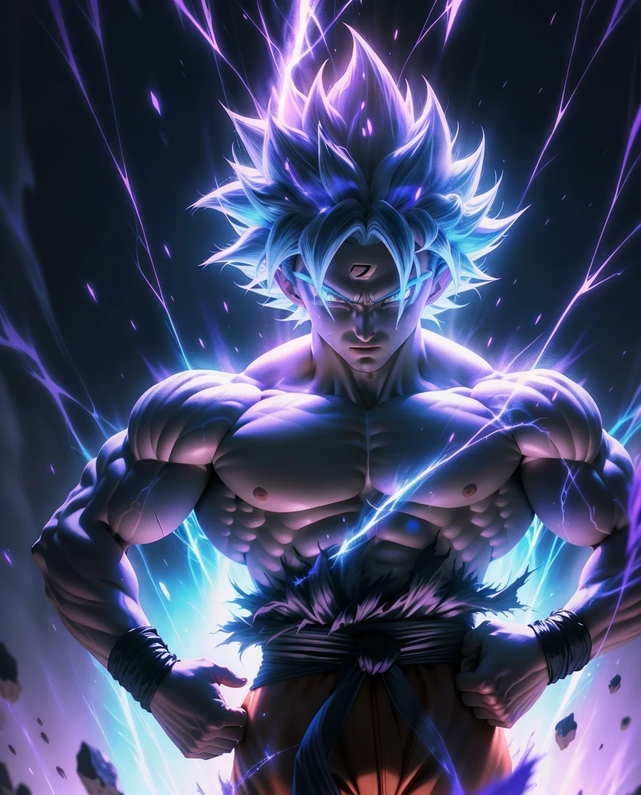 Son Goku transforming into Ultra Instinct surrounded by Violet Aura and lightning full-body shot, 4k, Cabelos prateados, Pupilas de prata, detalhes altos, epics, cinemactic