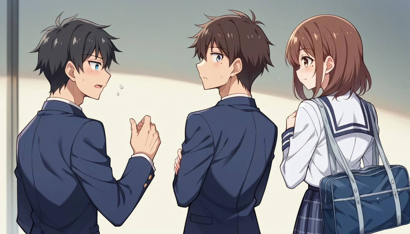 Portrait、512、Two men and women、High School Girl A(Medium hair with black hair、Canine、Tear mole on left eye、White and navy blue sailor suit、holding school bag in hand、Looking back at the high school boy)、High School Boy B(Brown Hair、High School Girl Aより背が高い、Navy blue blazer、Checked trousers、Back view、I can't see your face)、On the way home at dusk