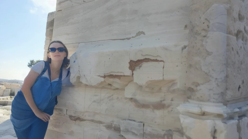 there is a slim woman  leaning against a stone wall with a backpack, on a large marble wall, at ancinet agora of athens, standing before ancient ruins, marble walls, ancient ruins behind her, leaning on the wall, at the stone ruins, with a figure in the background, ruins in the background, marble columns in background, leaning against the wall, not cropped