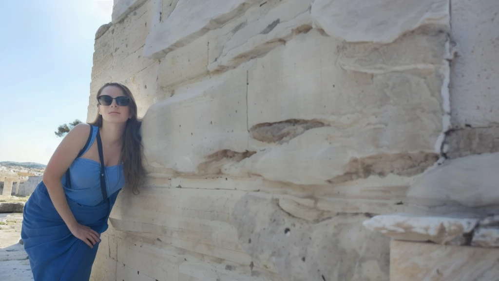 there is a slim woman leaning against a stone wall with a backpack, on a large marble wall, at ancinet agora of athens, standing before ancient ruins, marble walls, ancient ruins behind her, leaning on the wall, at the stone ruins, with a figure in the background, ruins in the background, marble columns in background, leaning against the wall, not cropped