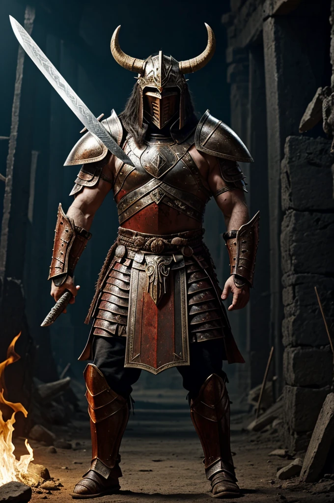 A warrior with huge horns and ancient, worn armor on his left arm, a sword split in two and blood flowing while behind him in hell