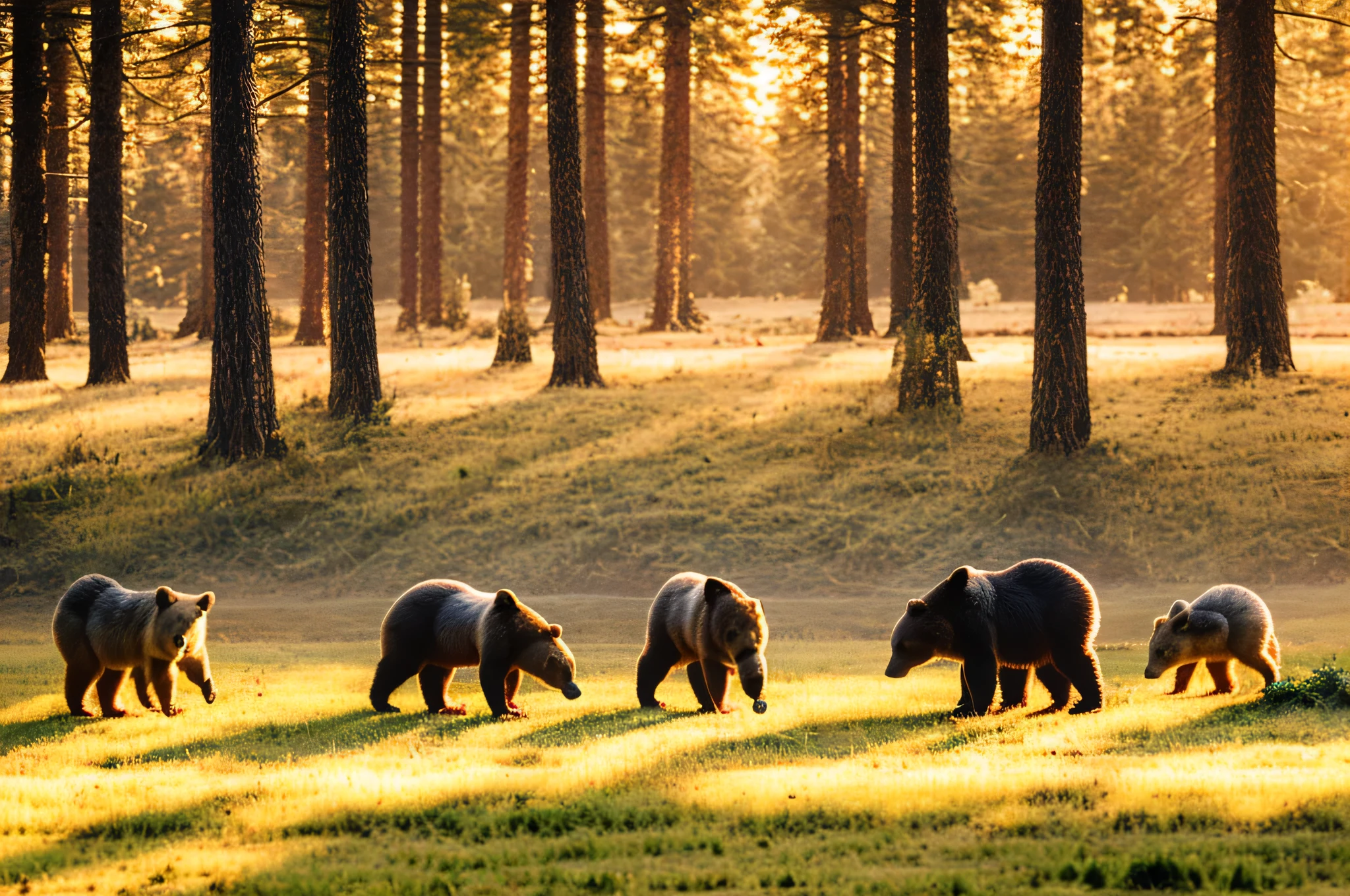 forest landscape with meadow, animals playing, bears, birds, rabbits, wolfs, masterpiece, high quality, realistic, golden hour, professional photography