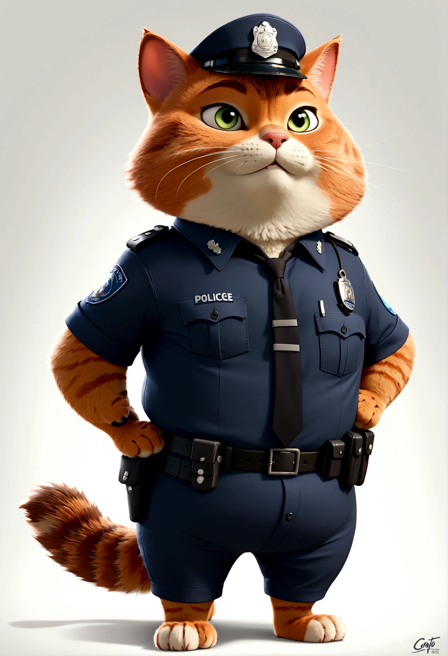 独奏,Cat in police costume,Cat standing,Chubby, Zootopia style, movie Features, Zootopia movie style, Zootopia style, looking heckin cool and stylish, in Zootopia style, 迪士尼疯狂Zootopia style, mob_Features: cat stylized, Anthropomorphic smart cat, Multiple poses and expressions, 4 positions, whole body, White background, Shorty