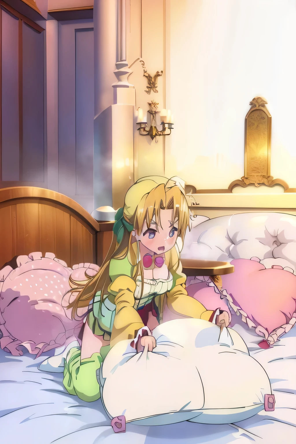 （best quality， masterpiece），mine   , details), (Light and shadow oxtail  , bed background, Cute girl posing on pillow ，Pillow,（piles of Pillow），Upholstered，（（four poster bed）），Soft pillow quotation，Lots of Pillow，（Pillow），The love surrounding the protagonist，steam，Luxury Pillow），（luxury bed），（Gorgeous pattern pillow），luxurious pillow，（bedroom ），pillow humping，hump，open mouth，red eyes ,  kneeling,（Love around the protagonist），（Steaming hot），（pillow）,Four poster bed，Canopy bed，Lots of pillow heads，princess bed  , frilled pillow  ,   long hair  ,  frilled pillow , peeing,  (pink polka dot pillow) , ((sernia iori flameheart))