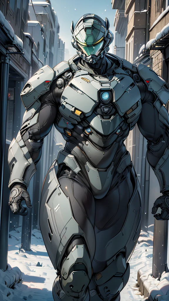 (high quality, 4K, high dynamic range) , (masterpiece, Ultra-realistic professional lighting,,Ultra-thin 8K,1 person,Full body gray benzene heavy armor suit,Detailed Master Chief helmet,male,Snow is falling all around,ruins,End of the World,Upper body close-up,Be on alert all around
