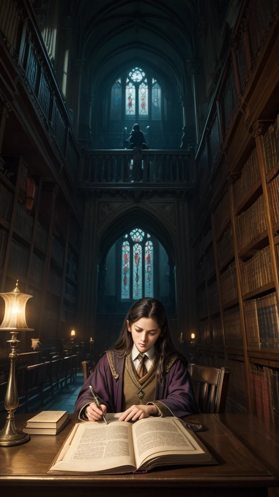 Create an enchanting and meticulously detailed illustration set within the hallowed halls of Hogwarts School of Witchcraft and Wizardry. At the heart of this image, an ancient, weathered tome floats in mid-air, its pages alive with mystical runes and enchantments, emitting an eerie, soft glow. From the pages of the book emerges a mesmerizing fireball, vivid and swirling with shades of red, orange, and yellow, seeming to possess a life of its own. The library is dimly lit, lined with towering bookshelves filled with ancient tomes and magical artifacts, casting dramatic shadows across the scene. Subtle nods to the Hogwarts theme are incorporated, such as house emblems etched into the book's cover and a parchment and quill on a nearby table. Floating motes of light in the atmosphere add to the enchantment, while optional silhouettes of Hogwarts students or professors observe in awe from the shadows. The composition is dynamic, guiding the viewer's eye toward the book's magical release, and the color palette shifts from deep blues and purples in the library to fiery reds and oranges in the spell. The mood is one of wonder and adventure, encapsulating the essence of Hogwarts' magical world in a captivating and painterly style.