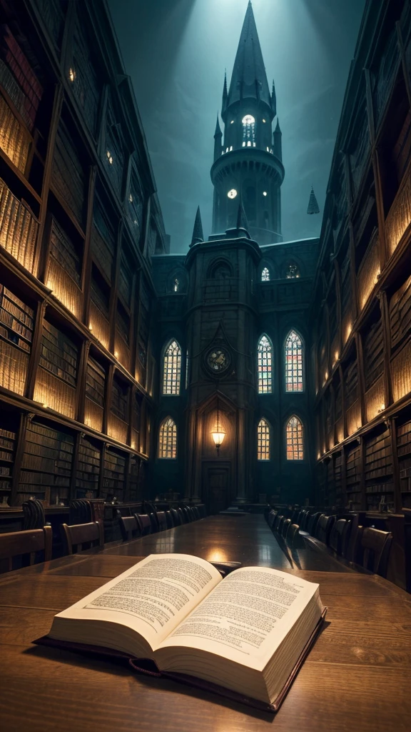 Create an enchanting and meticulously detailed illustration set within the hallowed halls of Hogwarts School of Witchcraft and Wizardry. At the heart of this image, an ancient, weathered tome floats in mid-air, its pages alive with mystical runes and enchantments, emitting an eerie, soft glow. From the pages of the book emerges a mesmerizing fireball, vivid and swirling with shades of red, orange, and yellow, seeming to possess a life of its own. The library is dimly lit, lined with towering bookshelves filled with ancient tomes and magical artifacts, casting dramatic shadows across the scene. Subtle nods to the Hogwarts theme are incorporated, such as house emblems etched into the book's cover and a parchment and quill on a nearby table. Floating motes of light in the atmosphere add to the enchantment, while optional silhouettes of Hogwarts students or professors observe in awe from the shadows. The composition is dynamic, guiding the viewer's eye toward the book's magical release, and the color palette shifts from deep blues and purples in the library to fiery reds and oranges in the spell. The mood is one of wonder and adventure, encapsulating the essence of Hogwarts' magical world in a captivating and painterly style.