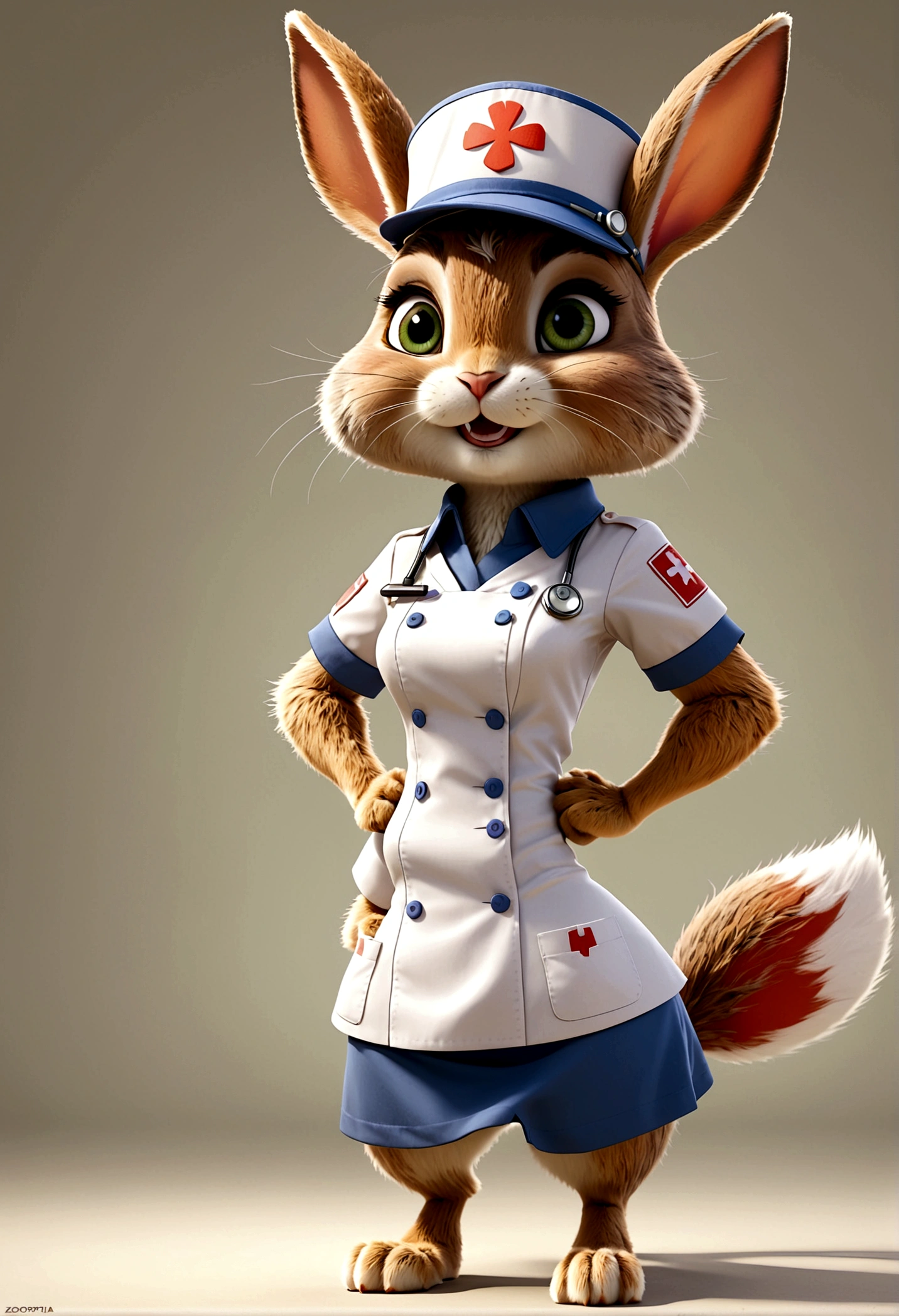 独奏,Rabbit in nurse uniform,Wearing a nurse's hat,Rabbit standing,pretty, Zootopia style, movie Features, Zootopia movie style, Zootopia style, looking heckin cool and stylish, in Zootopia style, 迪士尼疯狂Zootopia style, mob_Features bunny stylized furry, anthropomorphic rabbit, Multiple poses and expressions, 4 positions, whole body, White background, Shorty