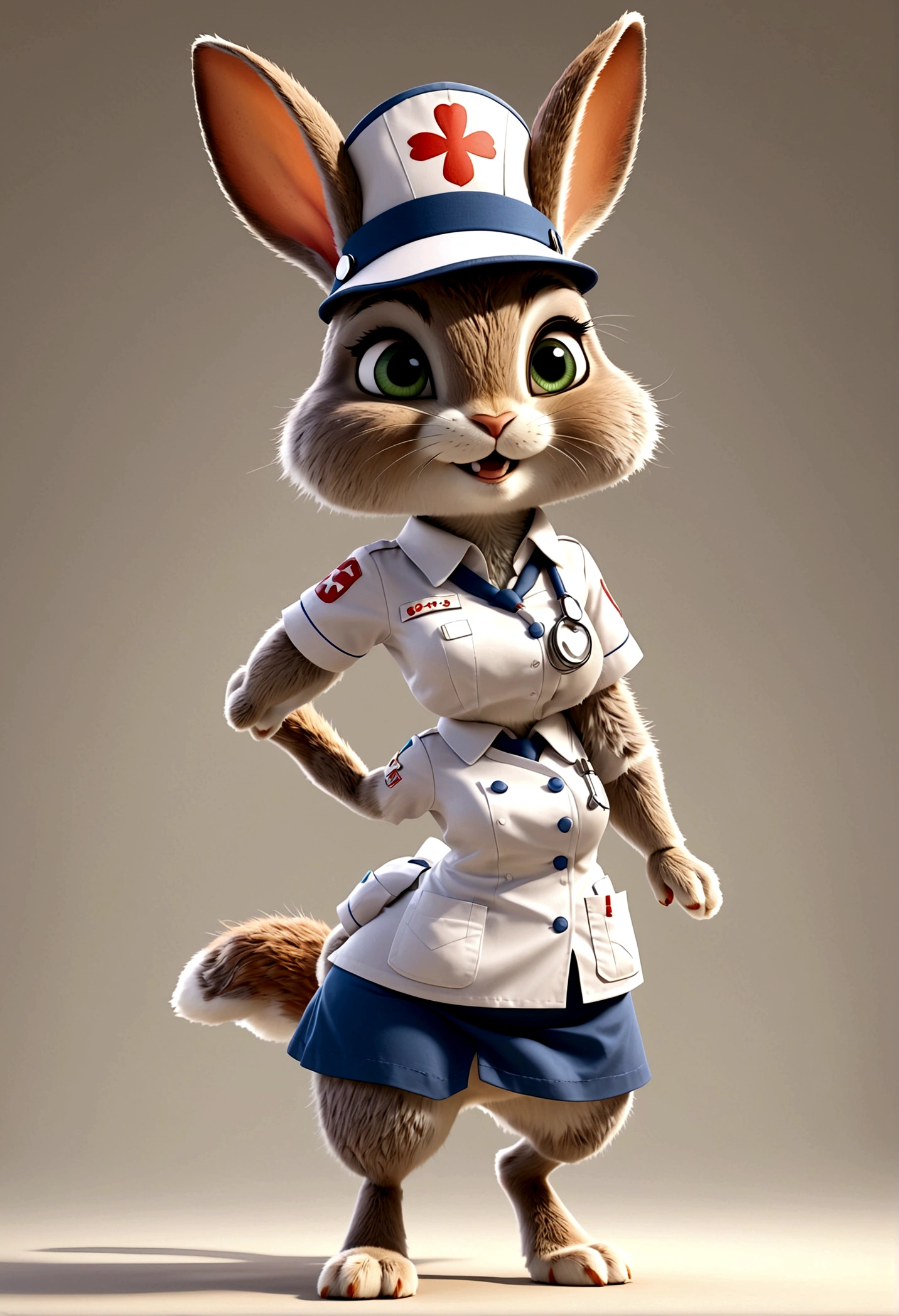 独奏,Rabbit in nurse uniform,Wearing a nurse's hat,Rabbit standing,pretty, Zootopia style, movie Features, Zootopia movie style, Zootopia style, looking heckin cool and stylish, in Zootopia style, 迪士尼疯狂Zootopia style, mob_Features bunny stylized furry, anthropomorphic rabbit, Multiple poses and expressions, 4 positions, whole body, White background, Shorty