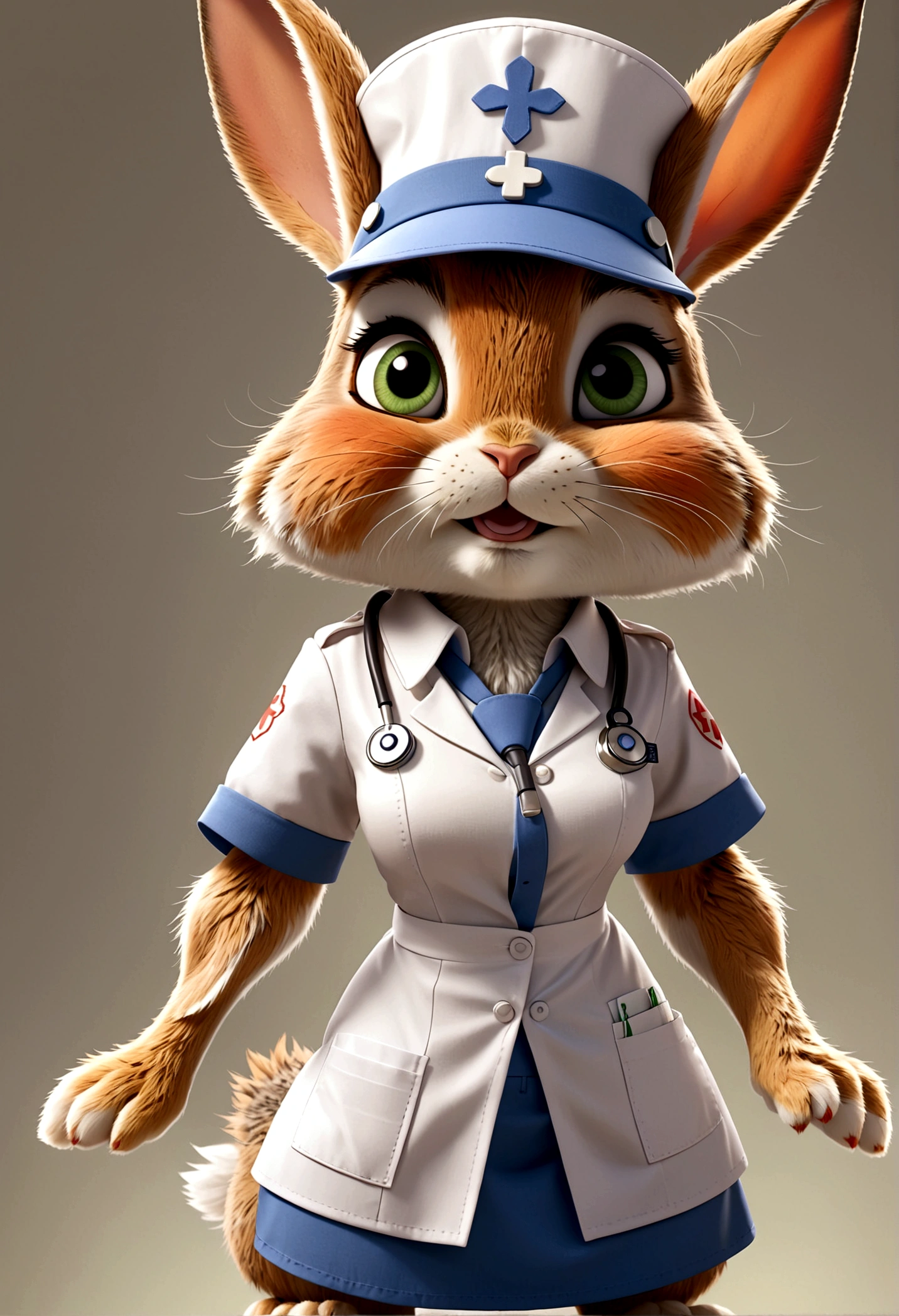 独奏,Rabbit in nurse uniform,Wearing a nurse's hat,Rabbit standing,pretty, Zootopia style, movie Features, Zootopia movie style, Zootopia style, looking heckin cool and stylish, in Zootopia style, 迪士尼疯狂Zootopia style, mob_Features bunny stylized furry, anthropomorphic rabbit, Multiple poses and expressions, 4 positions, whole body, White background, Shorty
