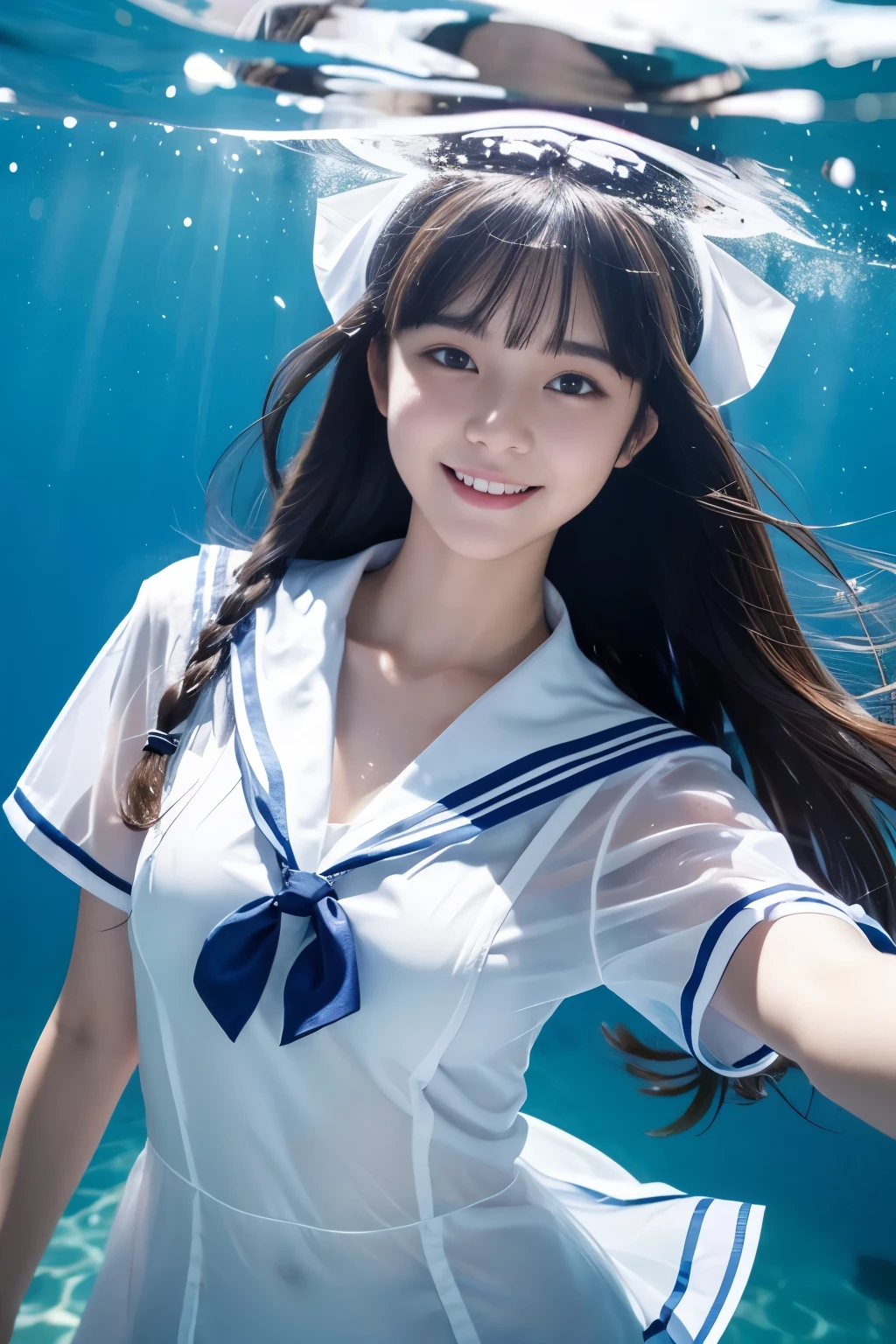 (See-through:1.3),White Seraphim,Sailor suit, White Theme,, Sailor suit, View your viewers, Insanity, Disheveled long hair, Beautiful attention to detail,Hair shines,Elevation,Blue sailor collar, Firm breasts,A light smile,Partially underwater...whole body,One Girl
