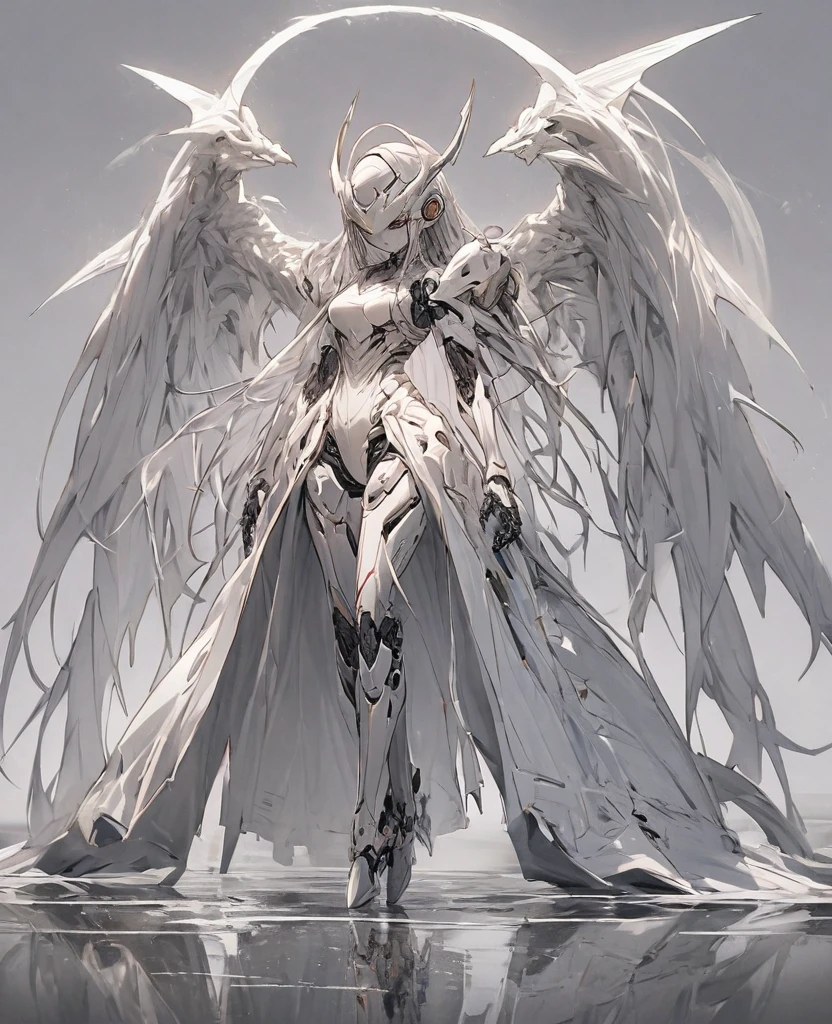 Engineering Drawings, Thin line pen drawing, dark, Futuristic silhouette of a white dragon cyborg girl, whole body, Long flowing coat, Wields a giant greatsword with a mechanical blade, Standing on a reflective surface against a minimalist light grey background