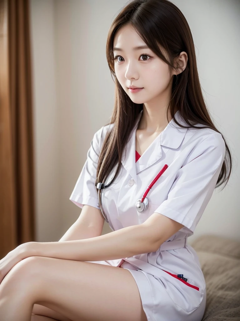 nurse、Nurse uniform、(Highest quality)、((Very detailed))、4K、(8K)、masterpiece、Very detailedな、Highest quality、Super Resolution、1 person、Kind Face、Soft Light、RAW quality、Soft Skin、163cm、hospital、Waist、knees、injection