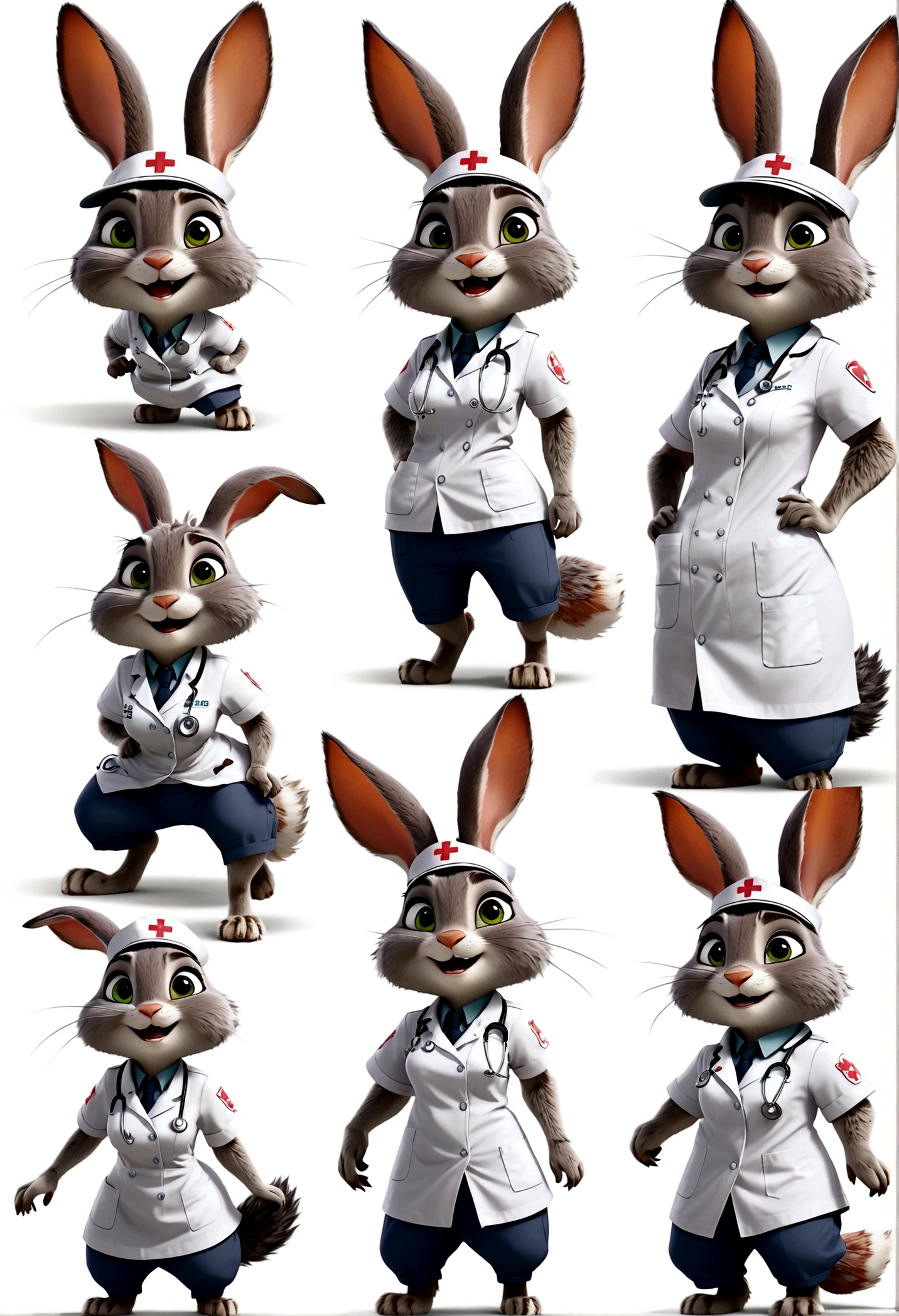 独奏，身着护士服的rabbit，Wearing a nurse's hat，rabbit,pretty， Zootopia style, movie Features, Zootopia movie style, Zootopia style, looking heckin cool and stylish, in Zootopia style, 迪士尼疯狂Zootopia style, mob_特点rabbit程式化毛茸茸, 拟人化的rabbit, Multiple poses and expressions, 4 positions, whole body, White background, Shorty 