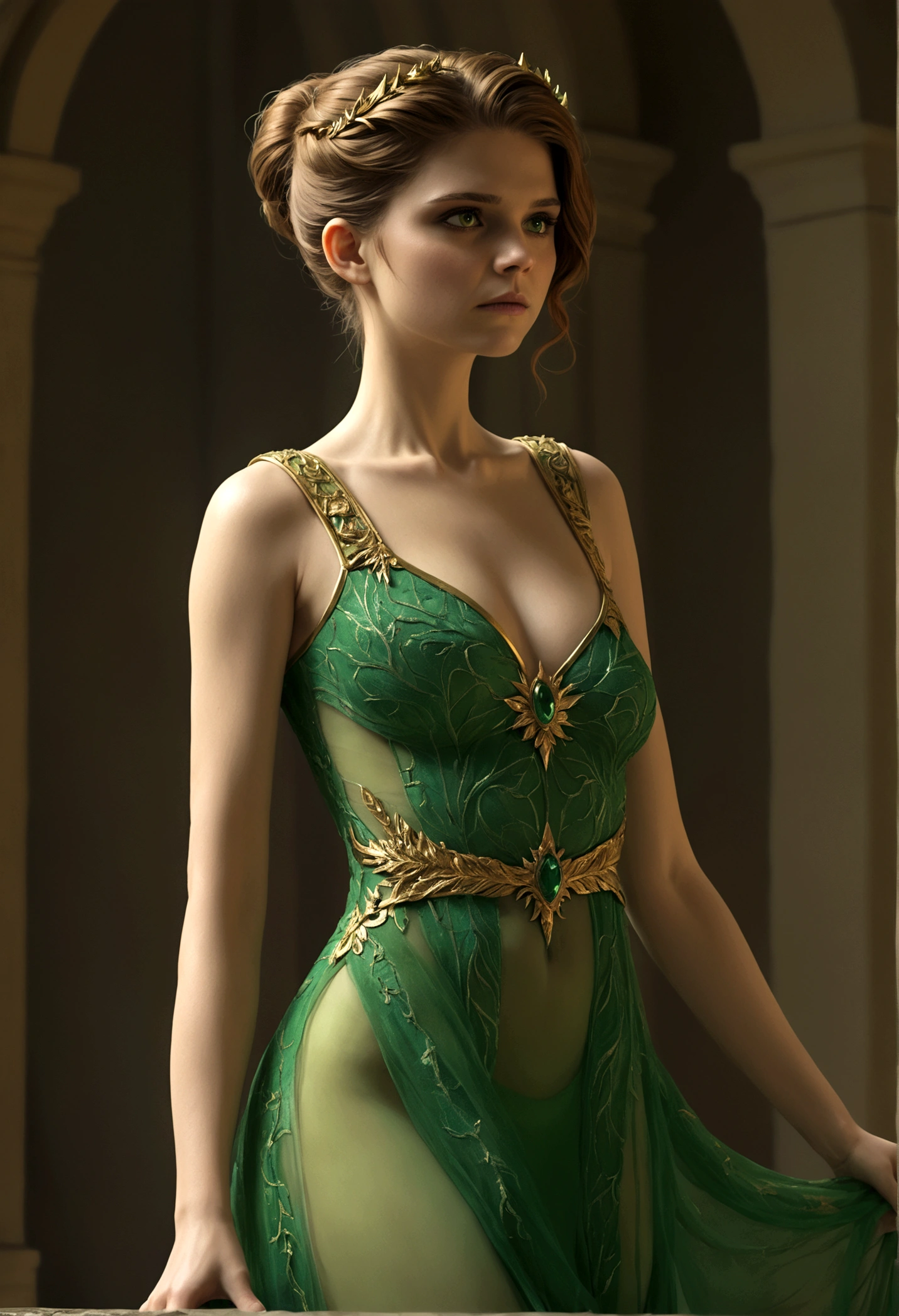 The Damsel in Distress (Kate Mara 25, sheer green dress gold trim, nude underneath) Damsel is flattering the dragon in its lair. Damsel is scratching Dragon's head to calm it