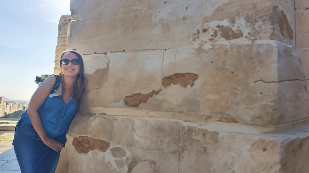 there is a slim woman leaning against a stone wall with a backpack, on a large marble wall, at ancinet agora of athens, standing before ancient ruins, marble walls, ancient ruins behind her, leaning on the wall, at the stone ruins, with a figure in the background, ruins in the background, marble columns in background, leaning against the wall, not cropped