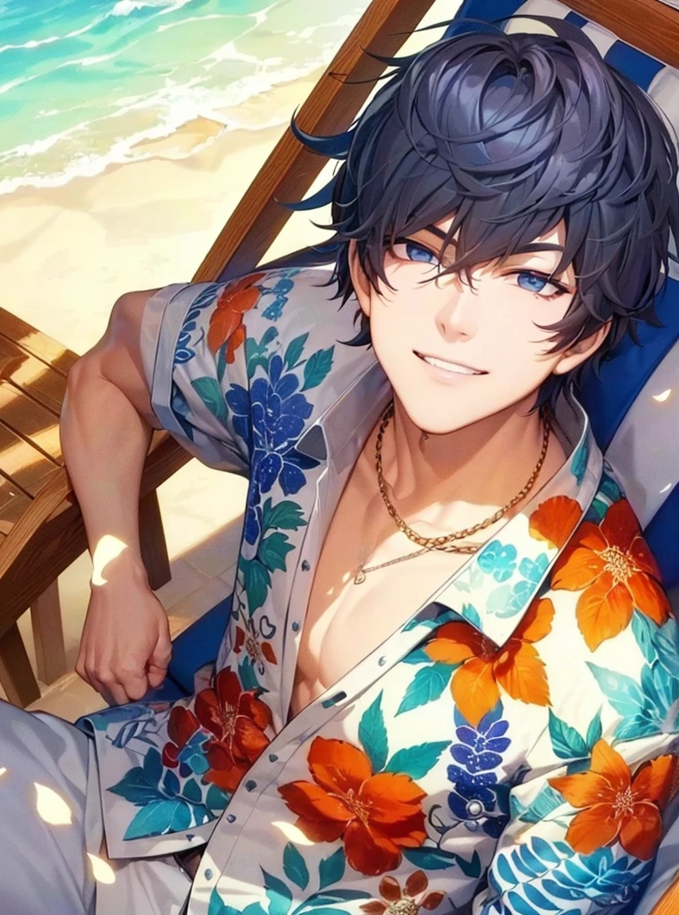 masterpiece,best quality,high quality,extremely detailed,(male austere handsome one solo adult age 30 years old:1.5),(purple eyes, cool with suspended eyes), body strong and fearless 8.5 head tall and 185cm tall,(well-groomed black hair short hair to neck:1.4), (bangs parted in thirds:1.4), (pectoral and rectus abdominis muscles:1.3), slender nose, facial muscles, (boxer sea water pants with hibiscus print:1.3), (cool smile:1.3), (sitting underwater:1.3), (stylish pose), (background tropical sea:1.3 ), (sunset:1.3), (upper body:1.3)