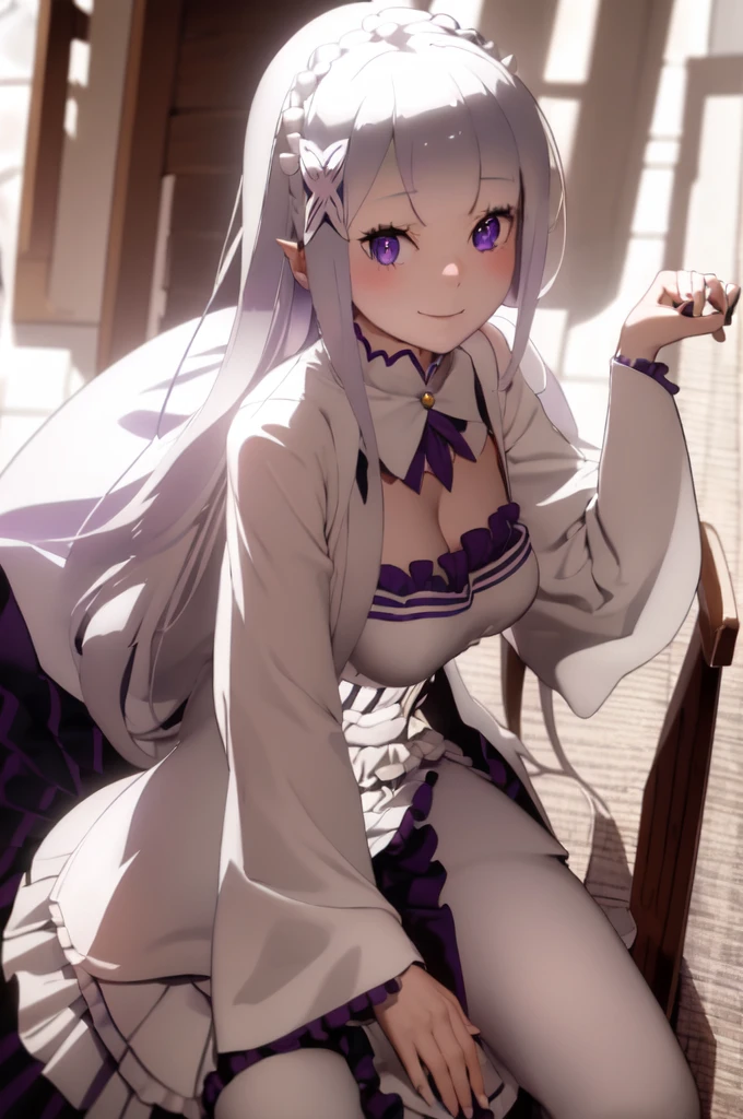 masterpiece, 1girl, Emilia, blunt bangs, long hair, crown braid,
white dress, detached collar, wide sleeves, x hair ornament, hair flower, hair ribbon, white thigh boots, cleavage, purple frills, pleated_white_skirt
sitting on bench, garden, arms at sides,
looking at viewer, (smile:1.2), blush, from above,