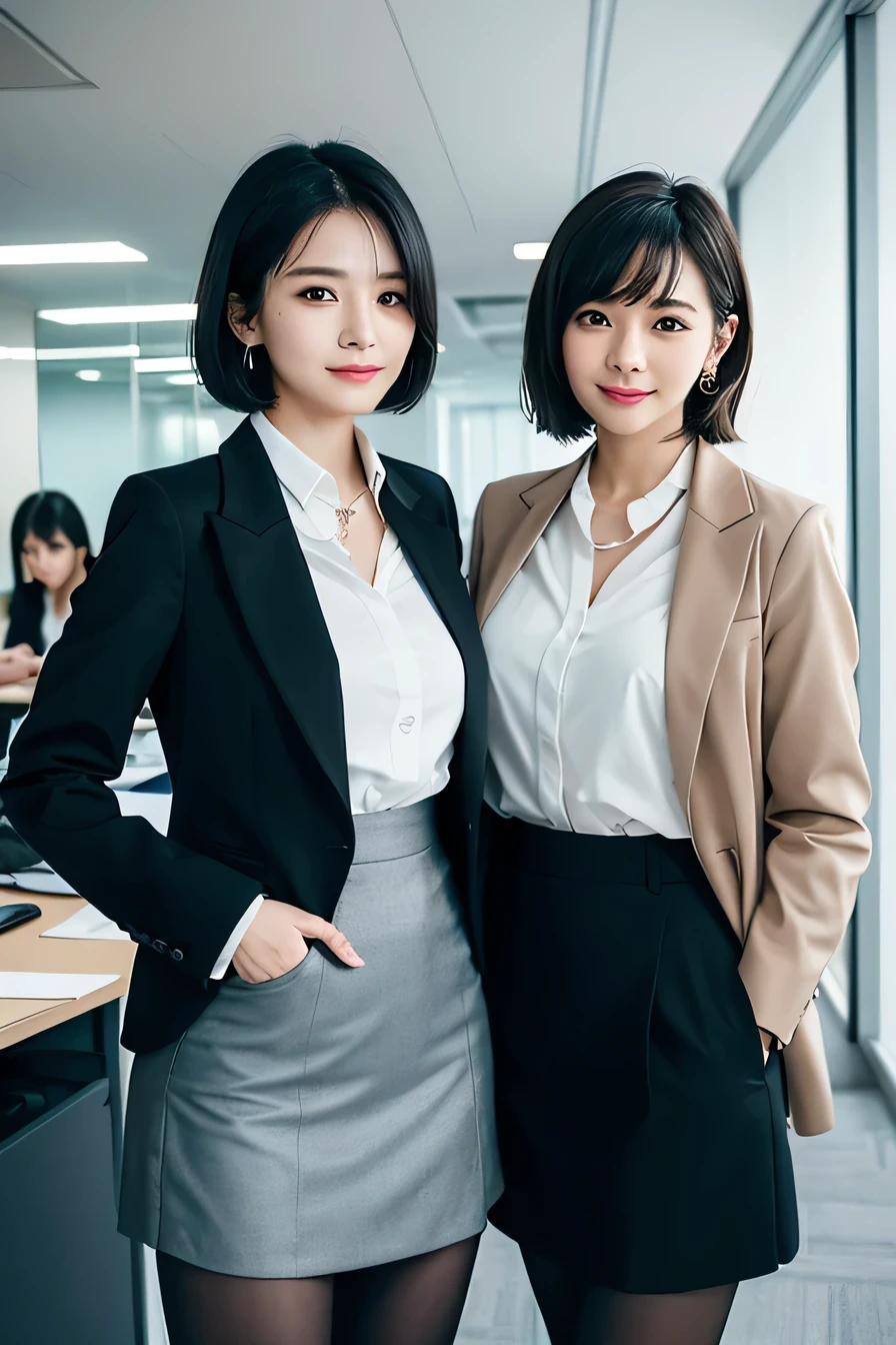 Beautiful young woman、Two women standing side by side in an office、 Black Hair、Necklace around the neck、Office Lady Suits、Jacket、Unbuttoned shirt、Knee-length skirt、tights、pumps、(Full body photo)、smile、short hair、Intricate details, Very detailed:1.2) 、 Looking into the camera,The background is the office、、Dark eyeliner、ear piercing