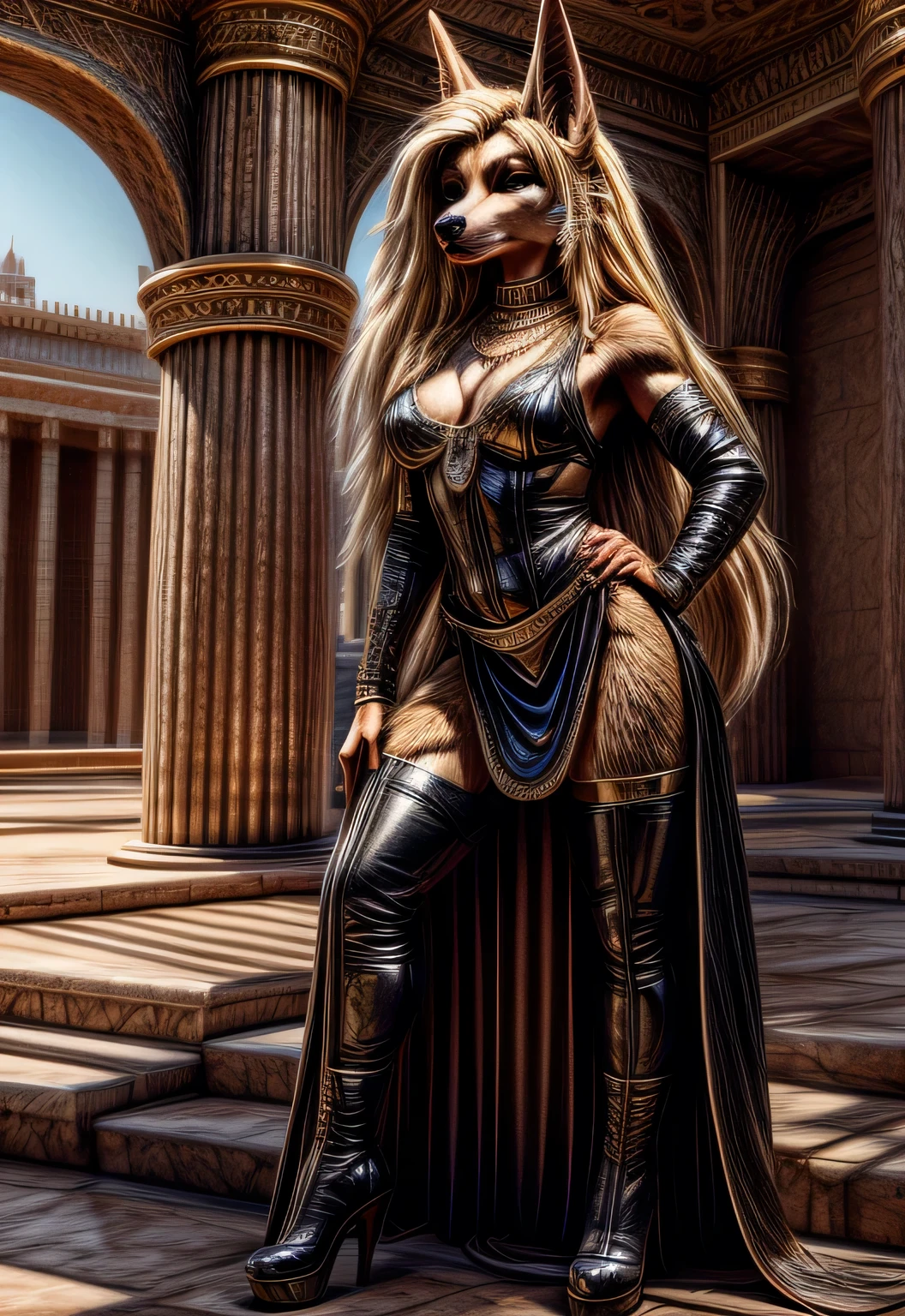 UHD 8k, HDR+, cute Black anthro female Jackal with a necklace, large piercing eyes, huge earrings, giant earrings, her long blonde hair falls over her shoulders, black high heel boots, high heels, black leather armor, Against the background of the Egyptian pharaoh's palace, detailed background, detailed background, realistic, 1girl, solo girl, 20 year old girl, ultra realistic face, hyperrealistic, hyperdetailed, (looking at viewers), sharpen, detailed face, detailed eyes, detailed lips, red lips, beautiful face, 16k, FHD, raw photo, cute face mesh, pretty face mesh, portrait shot 8 k