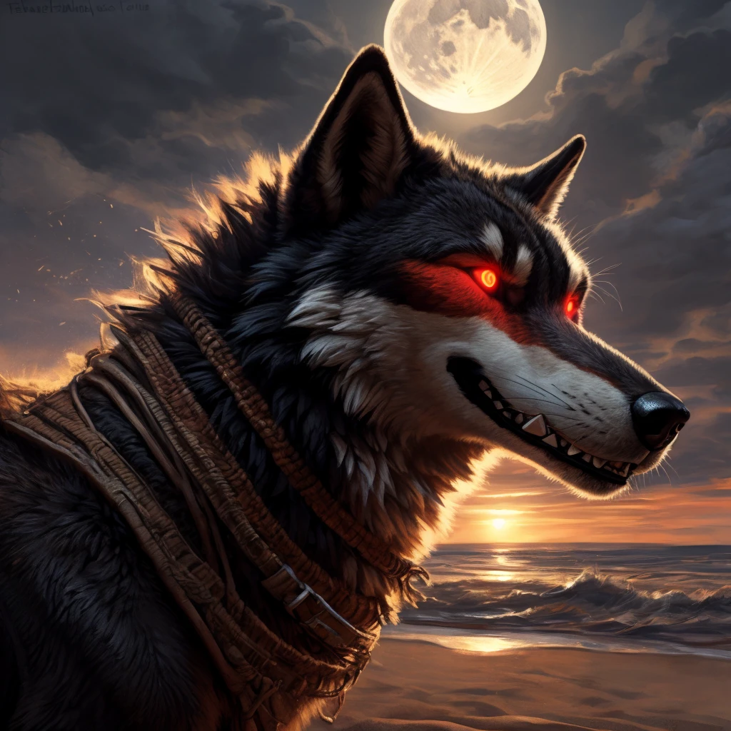 uploaded to e621, beautiful and detailed portrait of a male feral Wolf, kenket, ross tran,Ruan Jia, uploaded to e621, high resolution, photorealestic, cenematic lighting, (((wicked))), (((in the beach))), Wolf, ((fullbody)), Muzzle with sharp teeth, night at full moon, dark black fur, black face, ((red glowing eyes)) Evil smiling face, strand outfit, 独奏, 1boy, Selfie