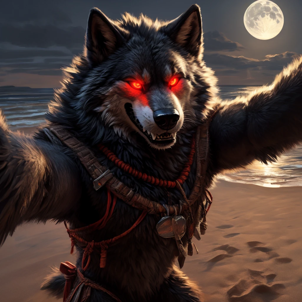 uploaded to e621, beautiful and detailed portrait of a male feral Wolf, kenket, ross tran,Ruan Jia, uploaded to e621, high resolution, photorealestic, cenematic lighting, (((wicked))), (((in the beach))), Wolf, ((fullbody)), Muzzle with sharp teeth, night at full moon, dark black fur, black face, ((red glowing eyes)) Evil smiling face, strand outfit, 独奏, 1boy, Selfie