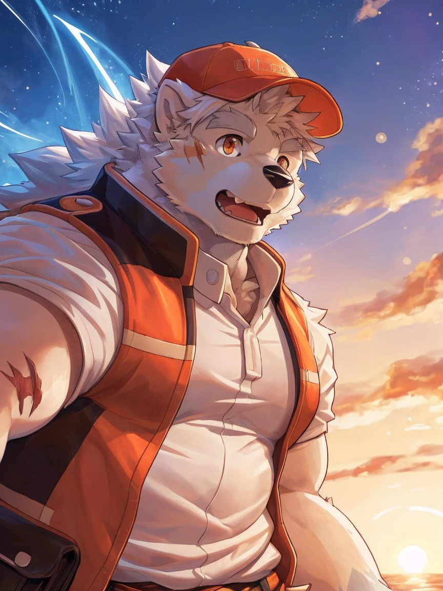 human nature, Wildlife, male,18 years old， solitary, ((Round Face, The face is plump,Orange eyes,Thick white hair，With wounds)), ((Endomorph, Handsome，enthusiasm)), (Sportswear，Light blue and white coat，Wear a sports cap), ((domestic 犬, Dog Orc，) Fluffy fur, Fluffy), Bokeh, (high quality, high resolution, masterpiece), (Dynamic Lighting, Vibrant colors，Natural fill light), (Revitalize，Disdain，aggressive), Full body picture (close up), cartoon, author：Takemoto Arashi, From zixiong, By Chunni, author：Empty Ghost，（background：Sunset Jungle）