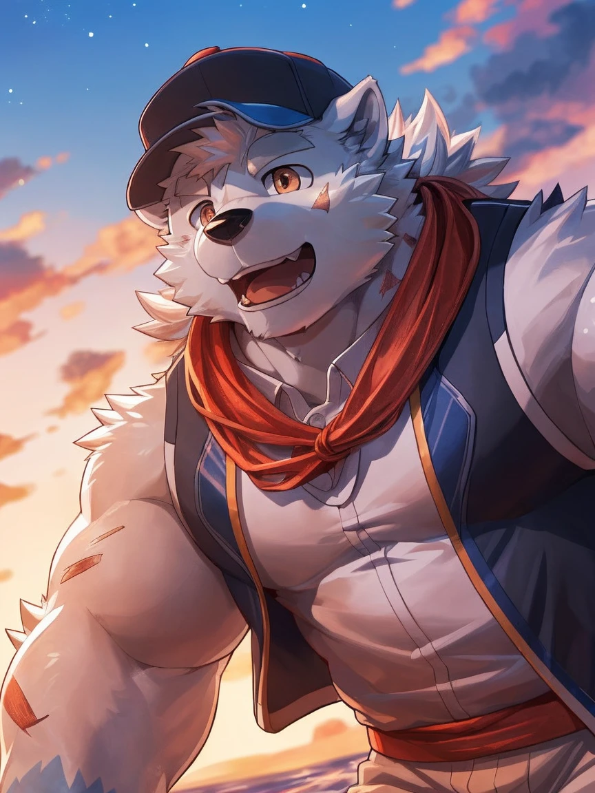 human nature, Wildlife, male,18 years old， solitary, ((Round Face, The face is plump,Orange eyes,Thick white hair，With wounds)), ((Endomorph, Handsome，enthusiasm)), (Sportswear，Light blue and white coat，Wear a sports cap), ((domestic 犬, Dog Orc，) Fluffy fur, Fluffy), Bokeh, (high quality, high resolution, masterpiece), (Dynamic Lighting, Vibrant colors，Natural fill light), (Revitalize，Disdain，aggressive), Full body picture (close up), cartoon, author：Takemoto Arashi, From zixiong, By Chunni, author：Empty Ghost，（background：Sunset Jungle）