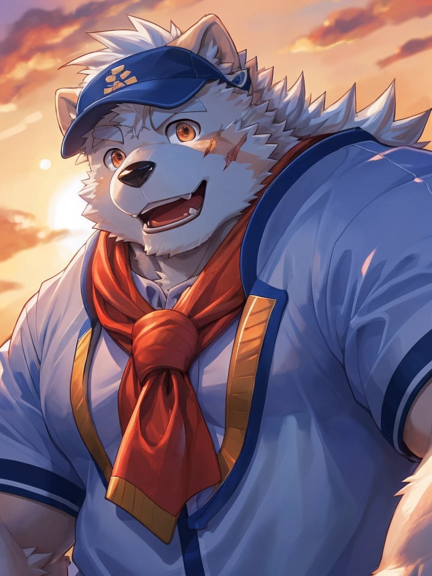 human nature, Wildlife, male,18 years old， solitary, ((Round Face, The face is plump,Orange eyes,Thick white hair，With wounds)), ((Endomorph, Handsome，enthusiasm)), (Sportswear，Light blue and white coat，Wear a sports cap), ((domestic 犬, Dog Orc，) Fluffy fur, Fluffy), Bokeh, (high quality, high resolution, masterpiece), (Dynamic Lighting, Vibrant colors，Natural fill light), (Revitalize，Disdain，aggressive), Full body picture (close up), cartoon, author：Takemoto Arashi, From zixiong, By Chunni, author：Empty Ghost，（background：Sunset Jungle）