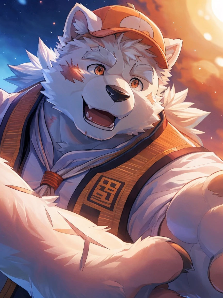 human nature, Wildlife, male,18 years old， solitary, ((Round Face, The face is plump,Orange eyes,Thick white hair，With wounds)), ((Endomorph, Handsome，enthusiasm)), (Sportswear，Light blue and white coat，Wear a sports cap), ((domestic 犬, Dog Orc，) Fluffy fur, Fluffy), Bokeh, (high quality, high resolution, masterpiece), (Dynamic Lighting, Vibrant colors，Natural fill light), (Revitalize，Disdain，aggressive), Full body picture (close up), cartoon, author：Takemoto Arashi, From zixiong, By Chunni, author：Empty Ghost，（background：Sunset Jungle）