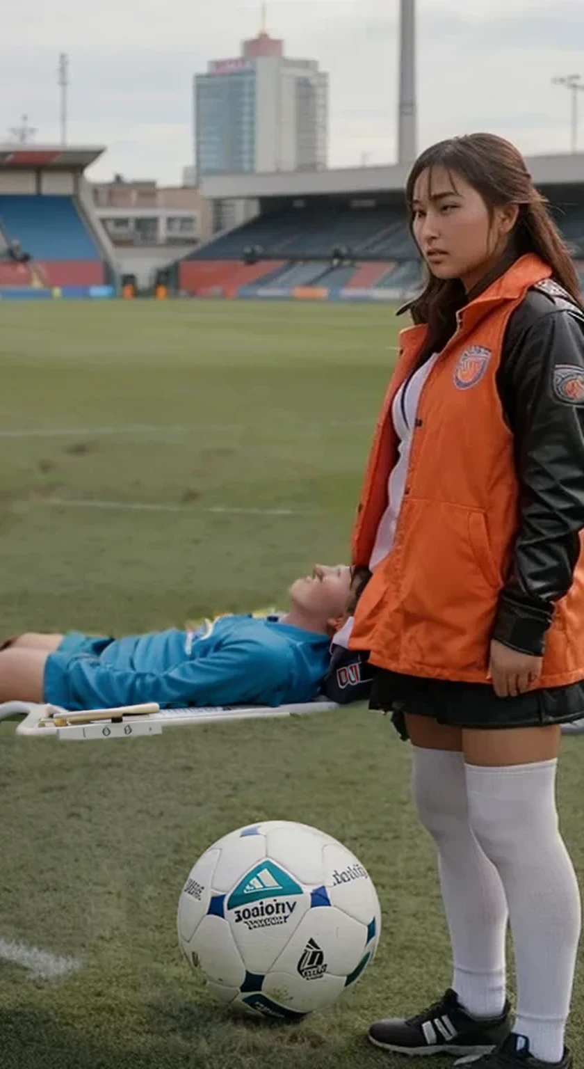 a male soccer player lying injured on a stretcher with his head to the right while being carried to the left by the girl on the photo