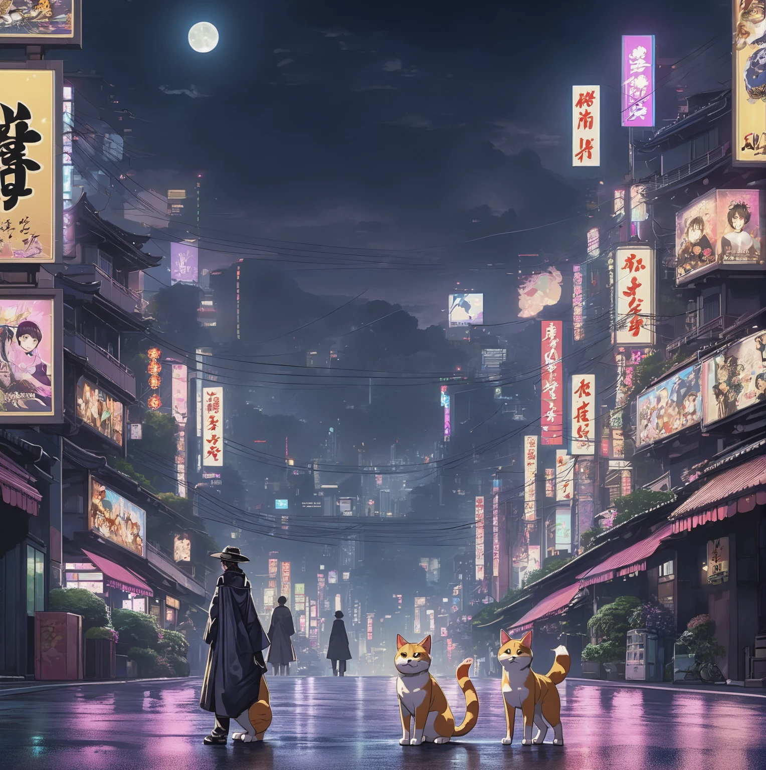 There is a cat standing on the road., Cat attacks Tokyo, Nekomimi, Covered with Chinese advertisements, Powerful vfx at night in the city, Inspired by Shiba Kokan, (((Luke Chue))), Inspired by Miao Fu, Chinatown Blade Runner, Detective Pikachu, the cat is walking, mod หาง fursuit ของ Saints Row, digital anime painting style