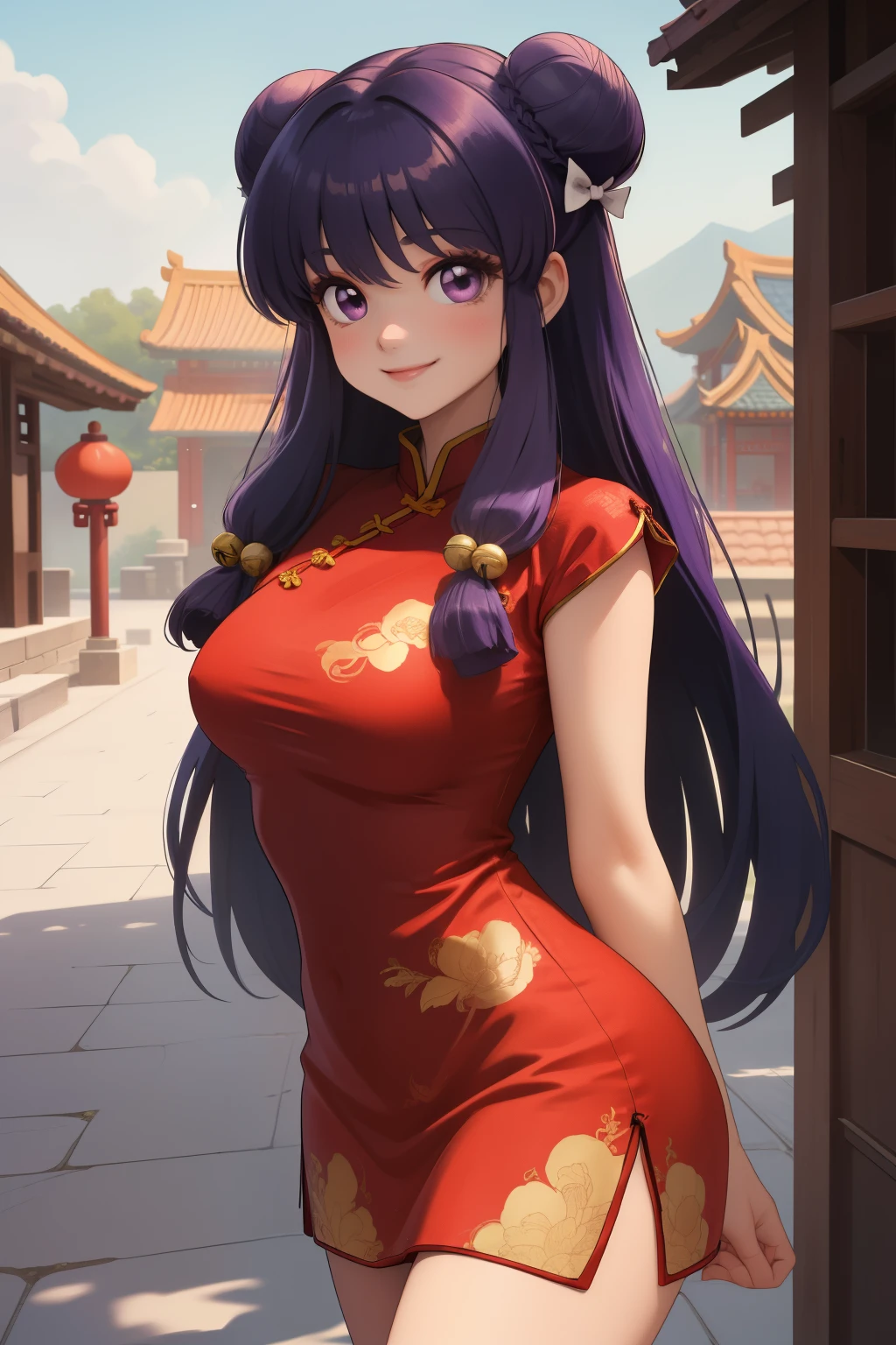 masterpiece, best quality, highres, ShampooDef, 1girl, solo, purple eyes, purple hair, hair bun, bell, double bun, jingle bell, long hair, breasts, smile, bangs, hair ornament, bow, sidelocks, shampoo (ranma 1/2), dress, chinese clothes, red china dress, cowboy shot, arms behind back, looking at viewer, outdoors, chana town, red dress