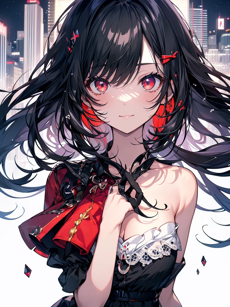 (masterpiece, highest quality, highest quality, (No text), Beautiful and aesthetic:1.2),No text,アニメ、BREAK,One Girl,Black Hair Girl Tree Eyes Beautiful eyes Red eyes cool smile Red and Black mini skirt Whole body Detailed eyes and face Night in the city
