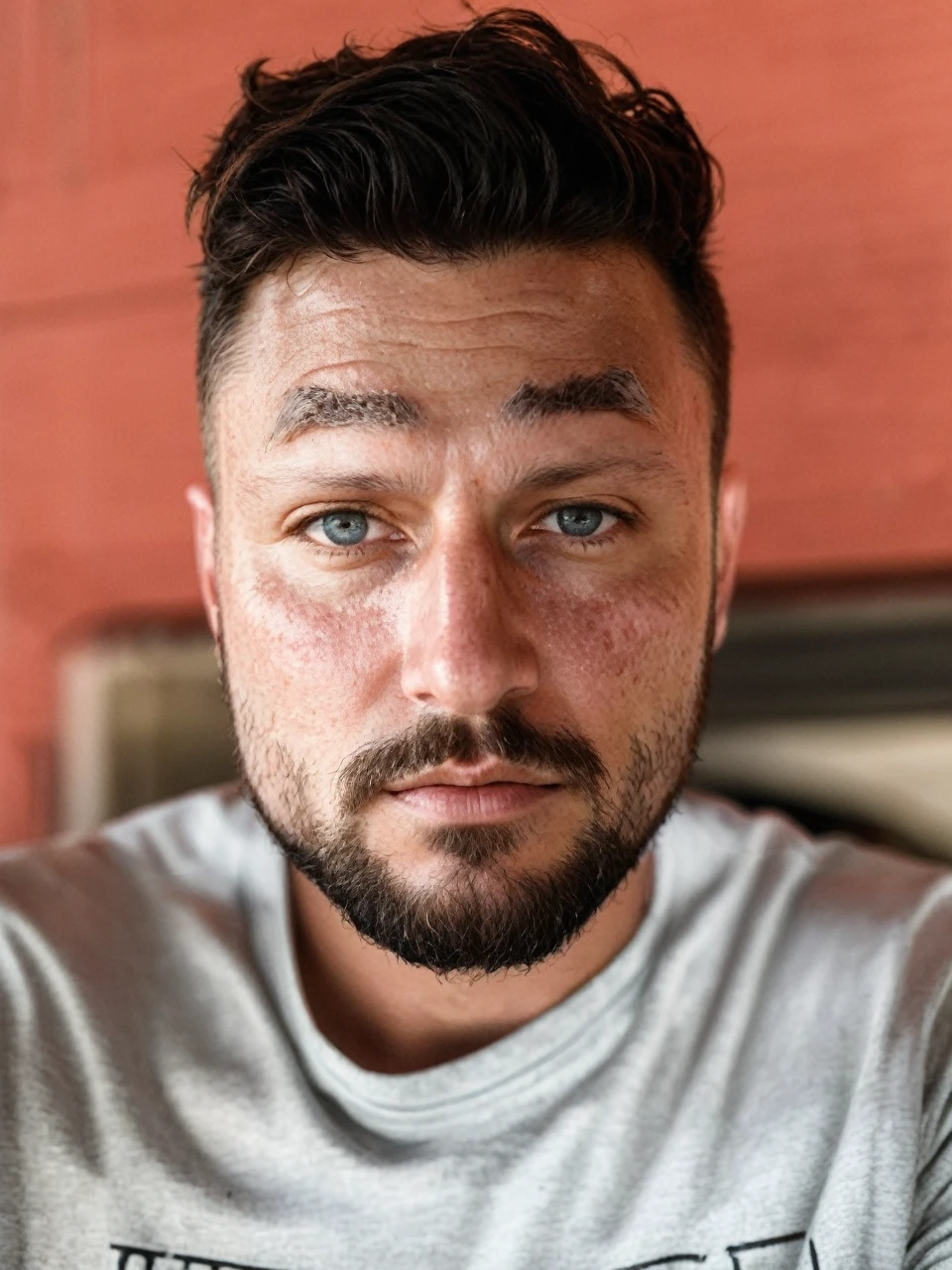 RAW photo, full body portrait of a beautiful man with a beard in a grey suite, he stands in a crowded street with tangled power cables, full sharp, detailed face, blue eyes, (high detailed skin:1.2), 8k uhd, dslr, soft lighting, high quality, film grain, Fujifilm XT3 dappled light on face, pale skin, skin pores, oiled shiny skin, skin blemish, imperfect skin, intricate skin details, visible skin detail, detailed skin texture, blush, wrinkles, vitiligo spots, moles, whiteheads, blackhead, white pimples, red pimples, beauty spot, skin fuzz, [[[[[freckles]]]]] (perfect eyes), ((perfect hands with four fingers and one thumb each))