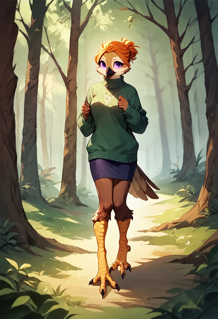 score_9, score_8_up, score_7_up, score_6_up, score_5_up, score_4_up, (solo), female anthro eagle avian, solo, forest, long length orange hair, purple eyes, beige feathers, beak, avian, sweater, avian feet, skirt