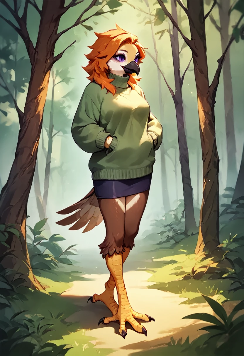 score_9, score_8_up, score_7_up, score_6_up, score_5_up, score_4_up, (solo), female anthro eagle avian, solo, forest, long length orange hair, purple eyes, beige feathers, beak, avian, sweater, avian feet, skirt