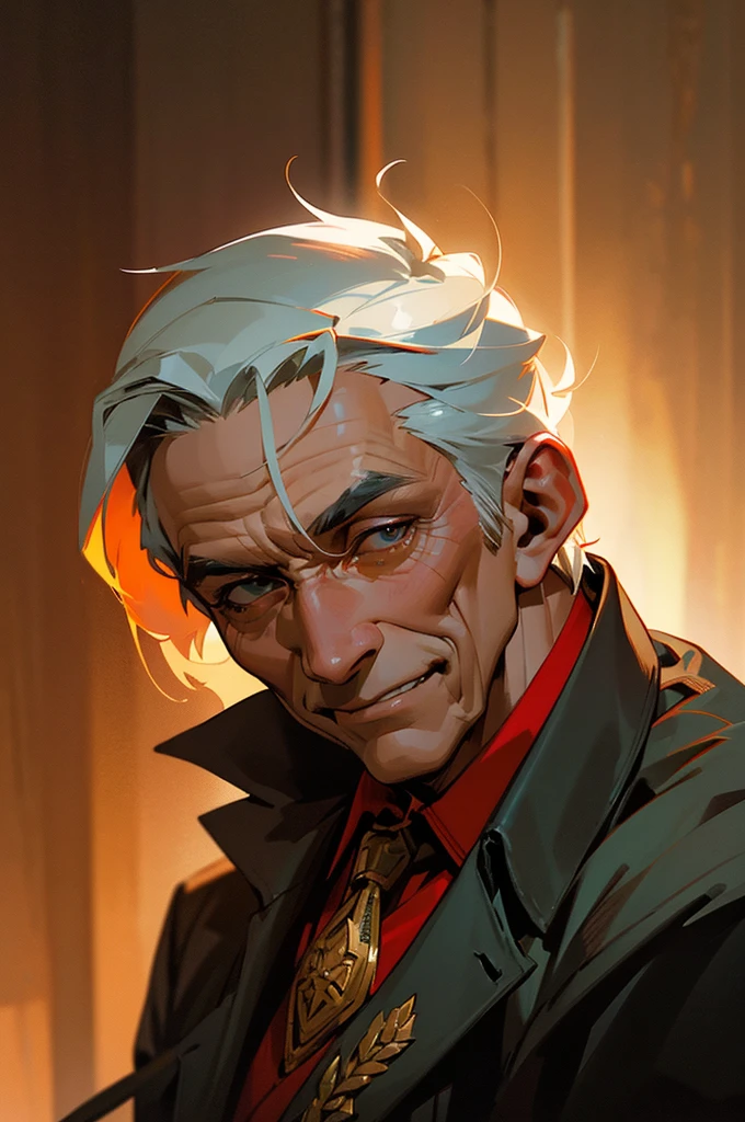a shirtless elderly man, 85 years old, police officer, smiling, detailed facial features, muscular body, intricate uniform, law enforcement, dramatic lighting, photorealistic, cinematic, warm color tones, vibrant atmosphere